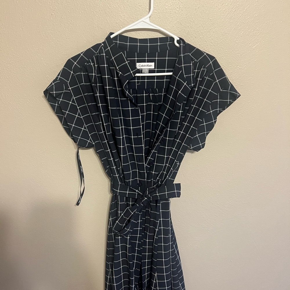 Calvin Klein Navy and White Grid Midi Dress